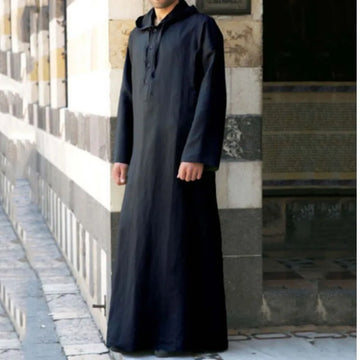 Men's Hooded Long-Sleeve Thobe with Button Neck