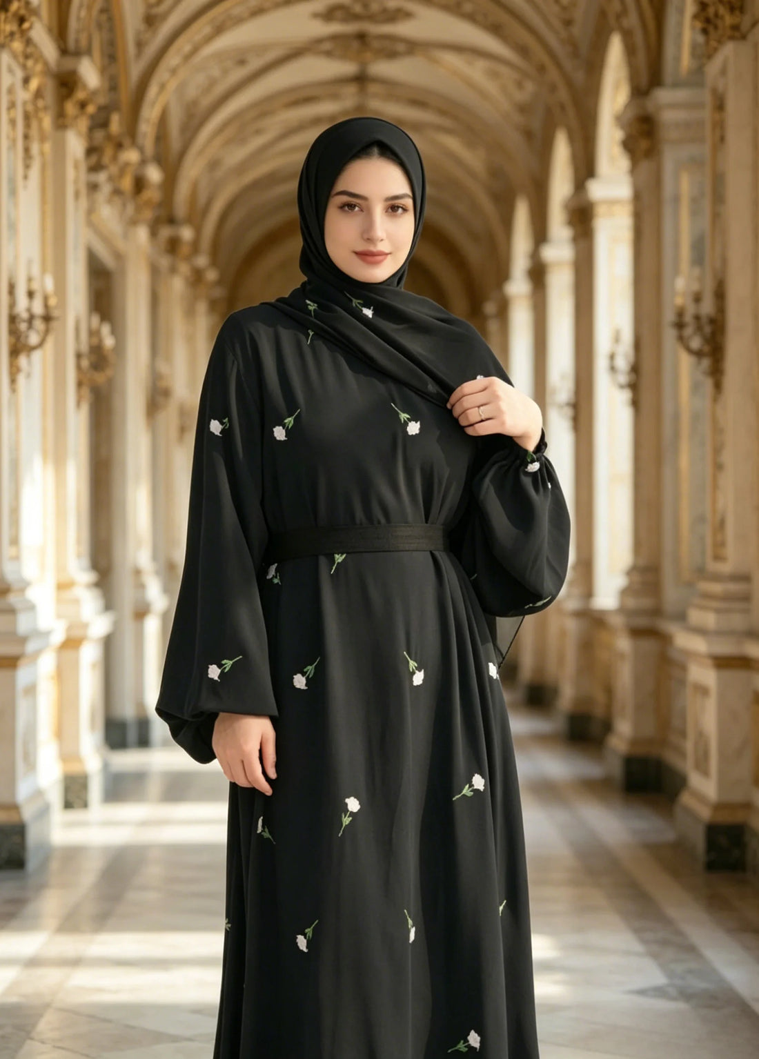 Black Floral Abaya Dress