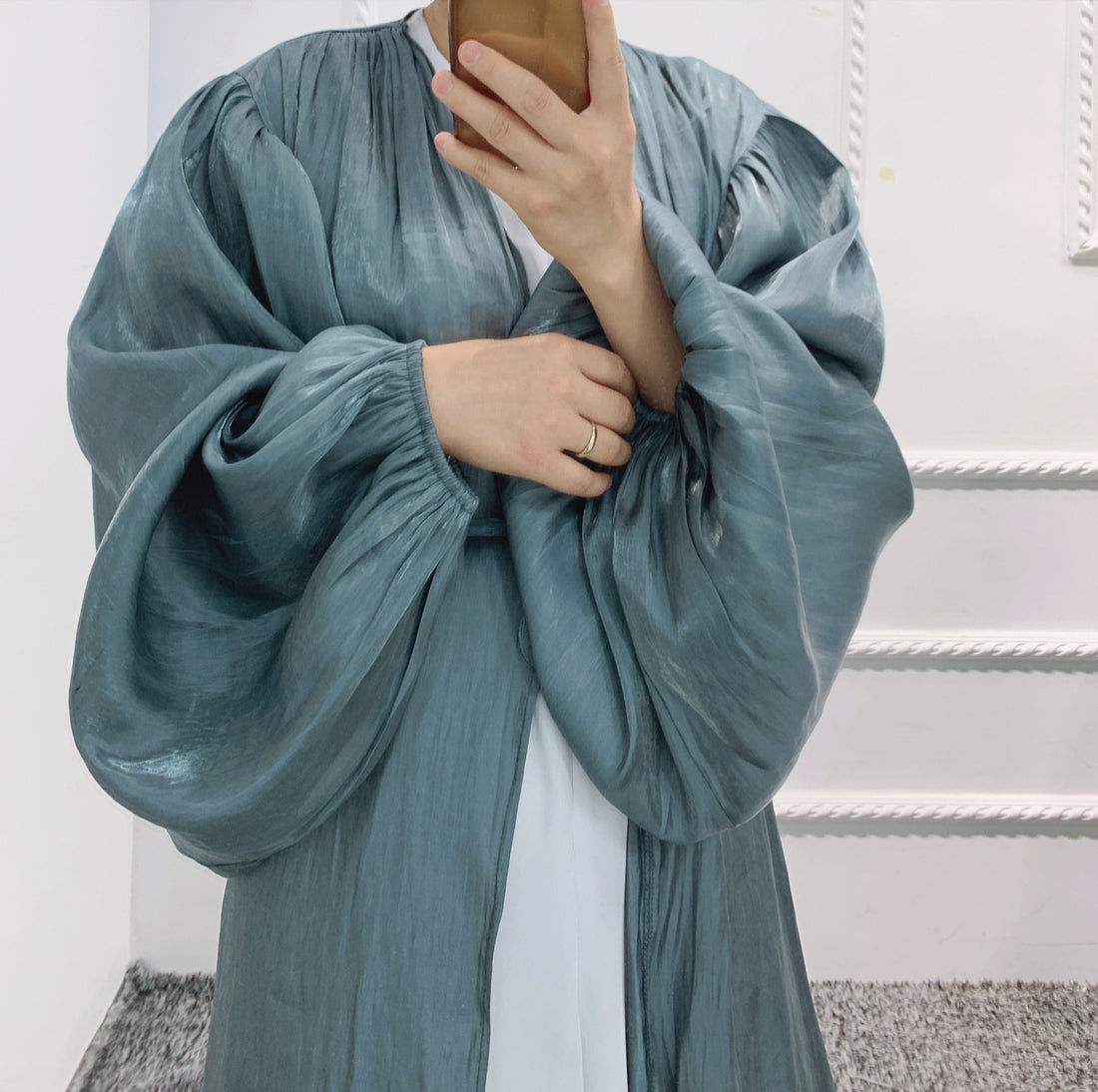 Sheer Crinkle Open Abaya with Balloon Sleeves