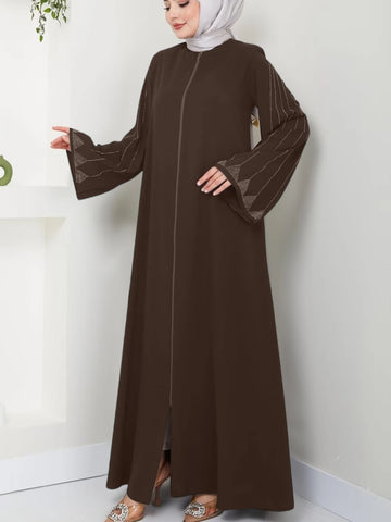 Brown Abaya with Embellished Flared Sleeves