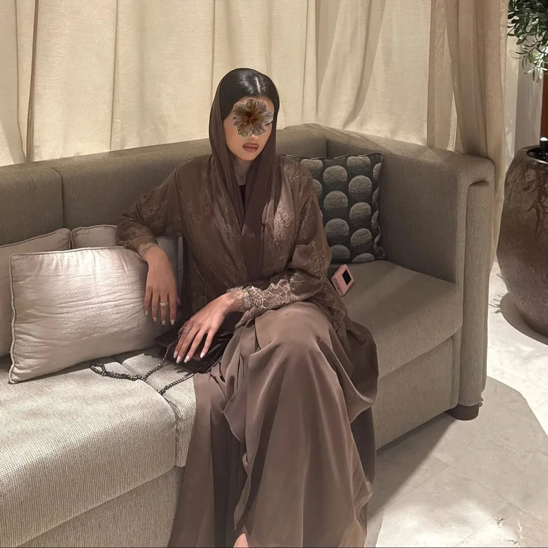 Lace-Detail Open Abaya in Coffee