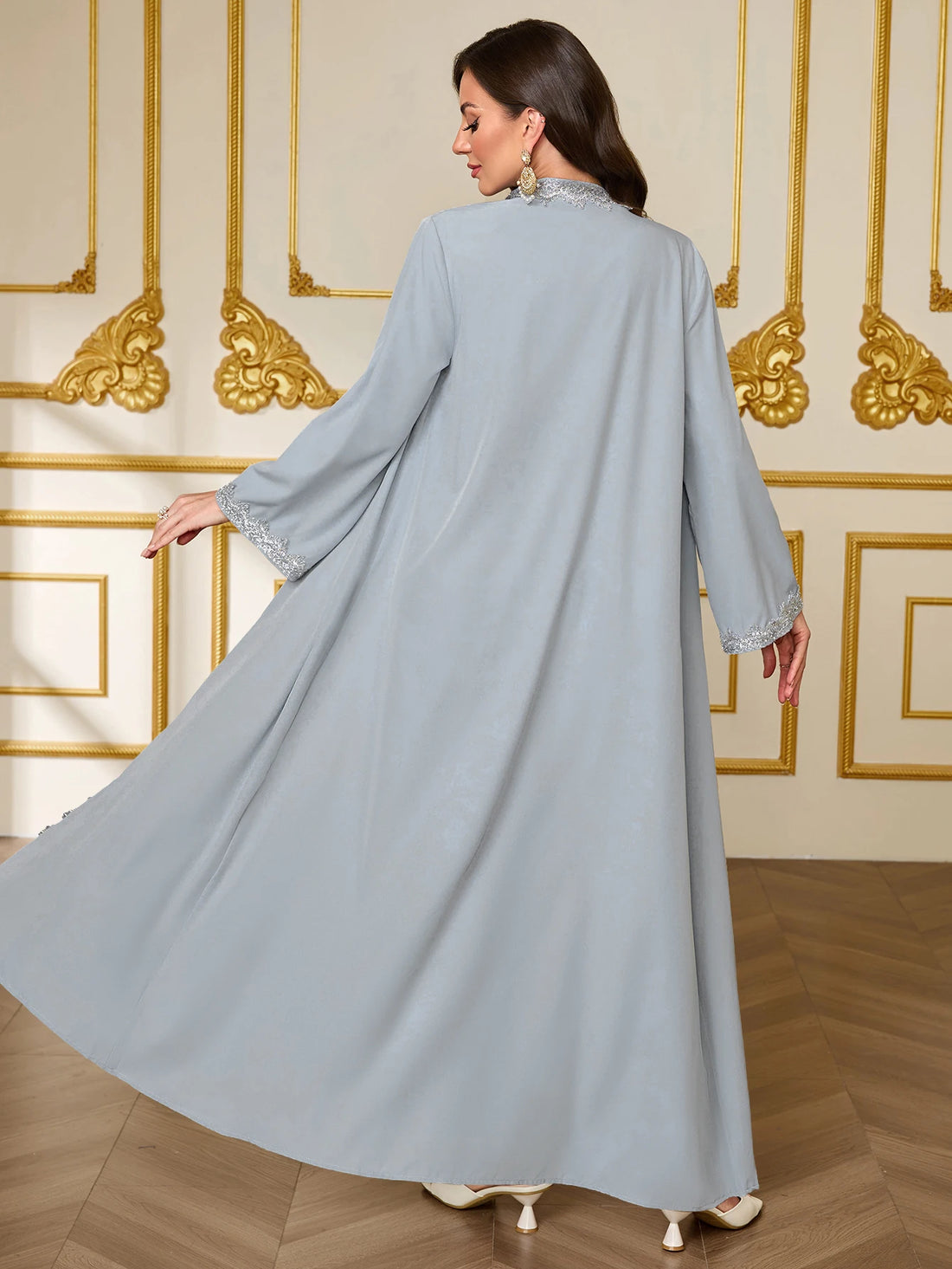 Grey-Blue Lace-Trim Open Abaya