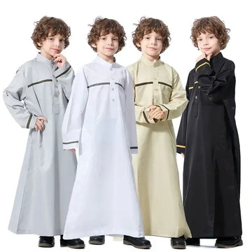 Boys’ Button-Placket Thobe with Contrast Chest & Cuff Trim