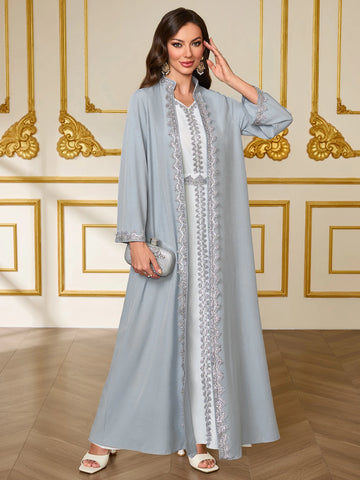 Grey-Blue Lace-Trim Open Abaya