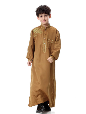 Boys’ Camel Stand-Collar Thobe with Gold-Tone Decorative Trim