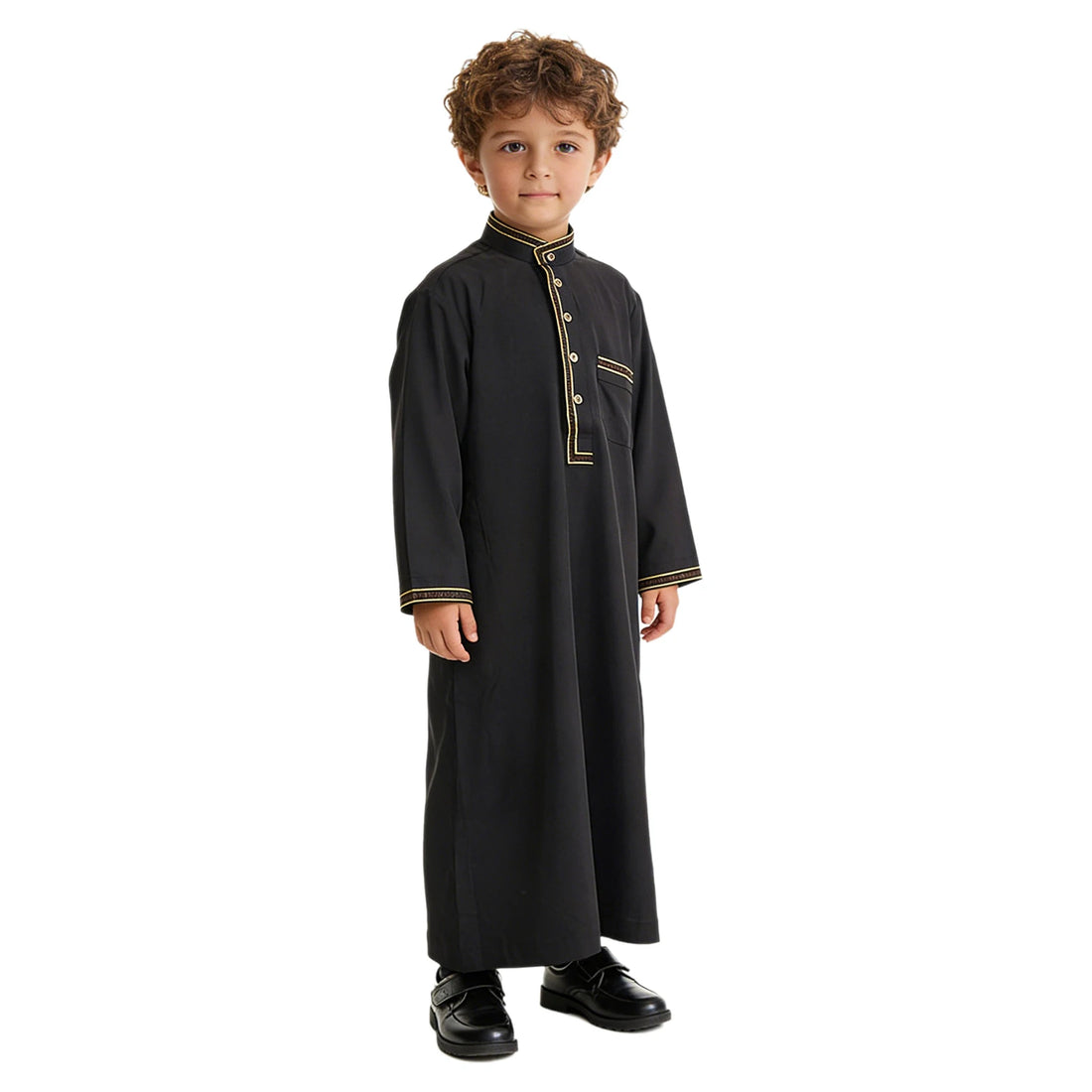 Boys’ Button-Placket Thobe with Decorative Trim & Chest Pocket