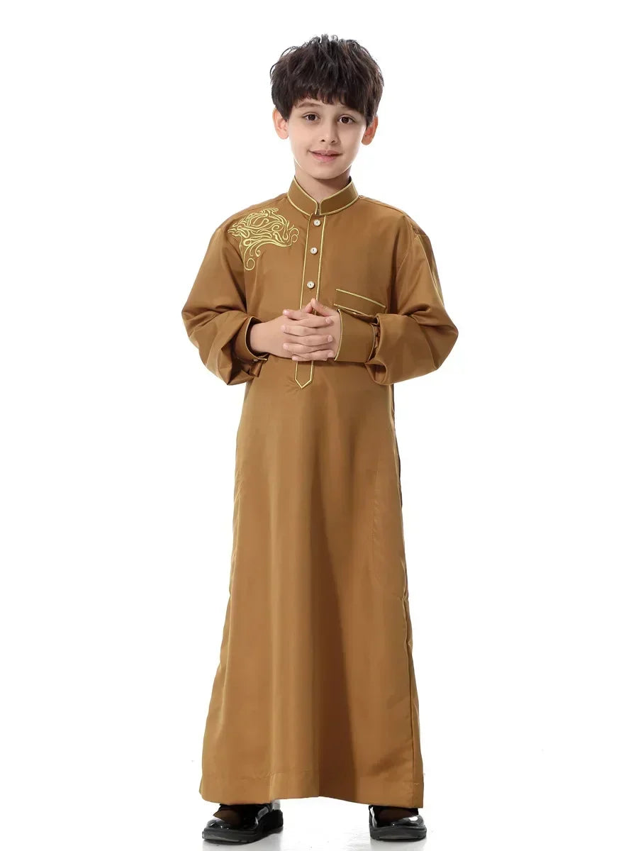 Boys’ Camel Stand-Collar Thobe with Gold-Tone Decorative Trim