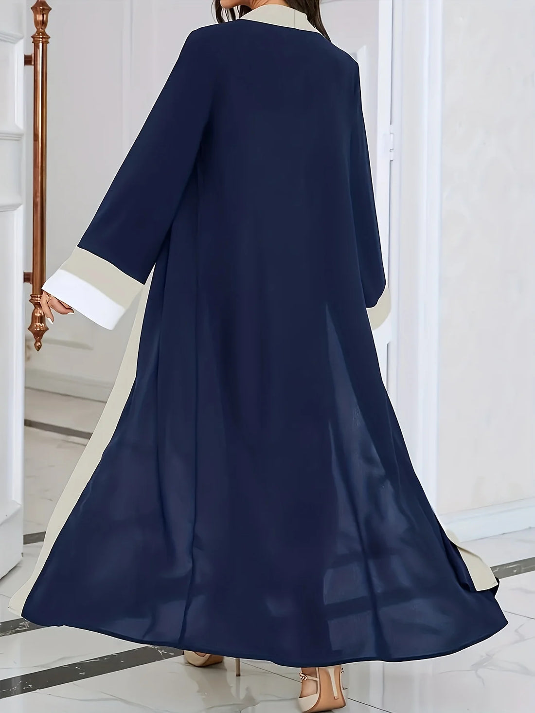 Blue Colour-Block Long-Sleeve Maxi Dress