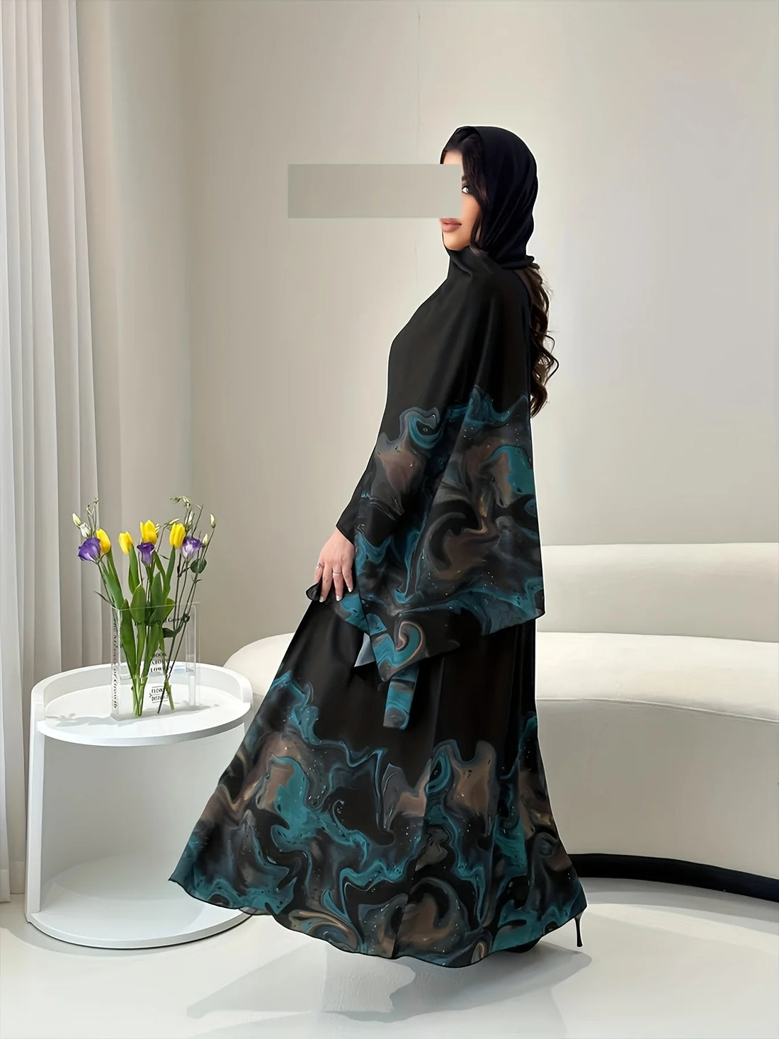 Women's Black Open Abaya with Teal Abstract Print