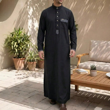 Men’s Stand-Collar Thobe with Geometric Trim