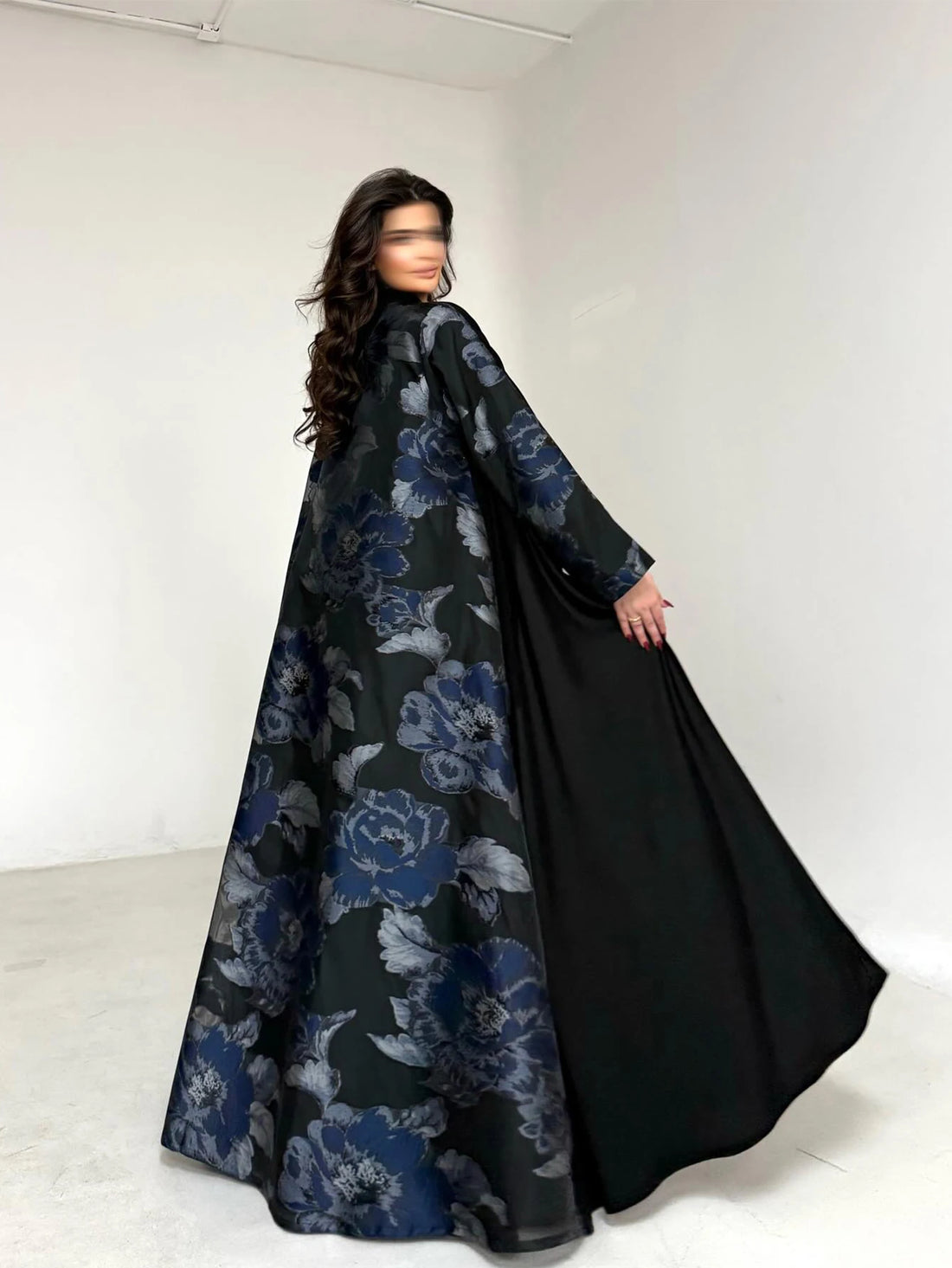 Black Floral Open Abaya