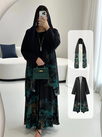 Women's Black Open Abaya with Teal Abstract Print