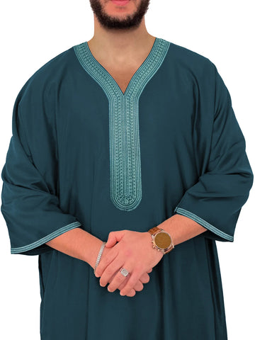 Men’s Embroidered Short-Sleeve Kaftan – Blackish Green