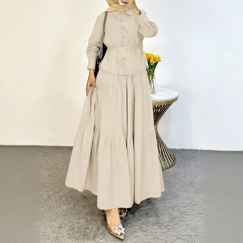 Women’s Button-Front Shirt & Tiered Maxi Skirt Set