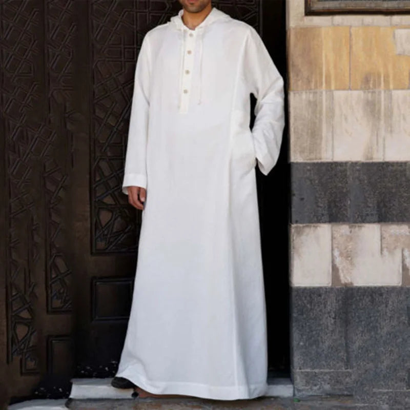 Men's Hooded Long-Sleeve Thobe with Button Neck