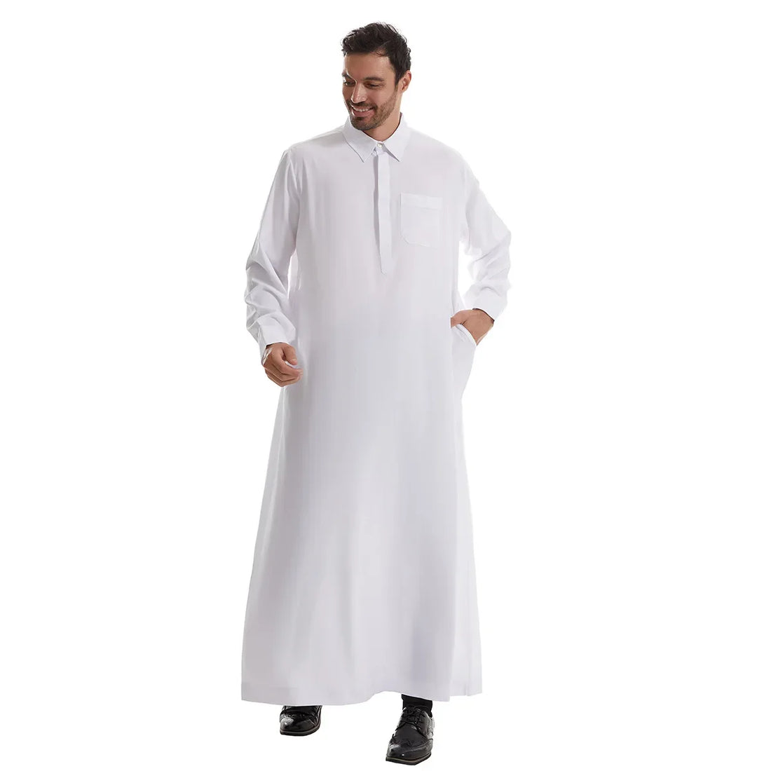 Men’s Collared Long-Sleeve Thobe with Chest Pocket