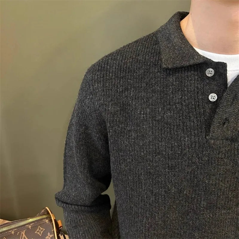 Men’s Textured Long-Sleeve Knitted Polo Jumper