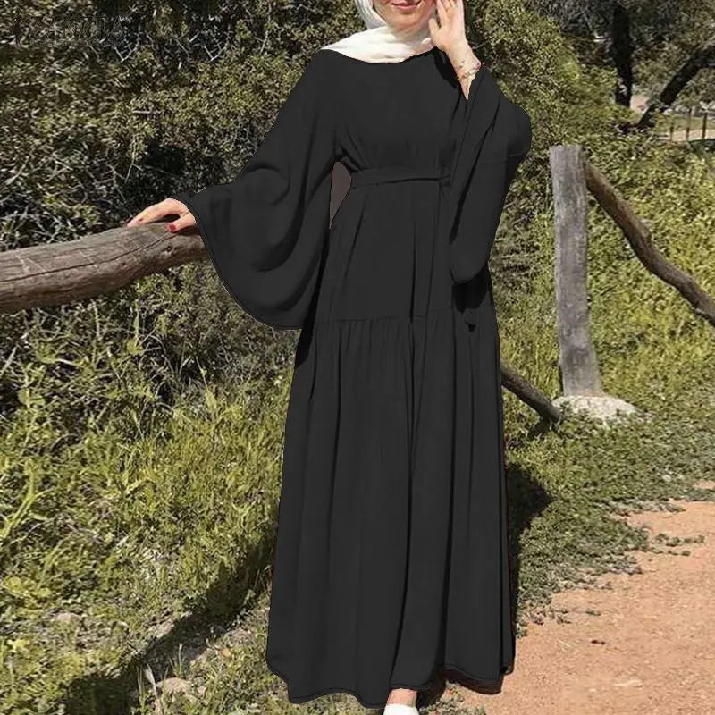 Flared-Sleeve Tiered Maxi Dress with Waist Tie