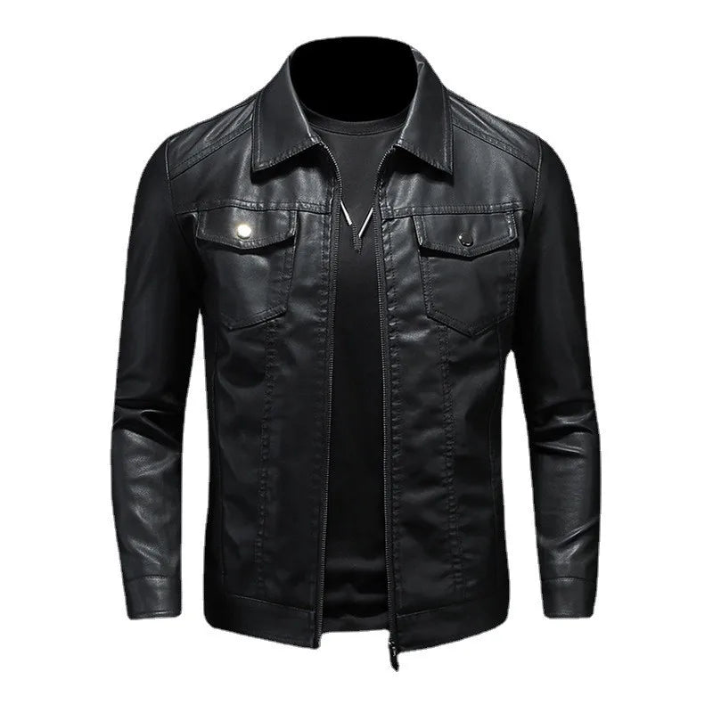 Men’s Black Faux Leather Zip-Up Jacket with Chest Pockets