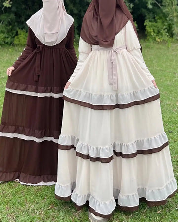 Brown Contrast-Trim Tiered Maxi Dress
