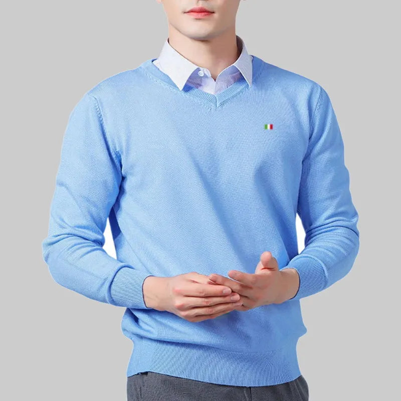 Men’s V-Neck Knitted Jumper with Ribbed Trims