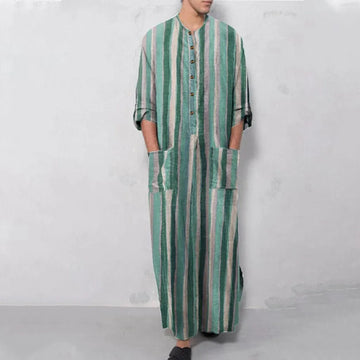 Men's Striped Thobe with Front Patch Pockets