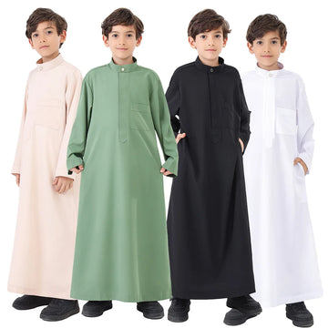 Boys’ Stand-Collar Thobe with Concealed Placket & Chest Pocket