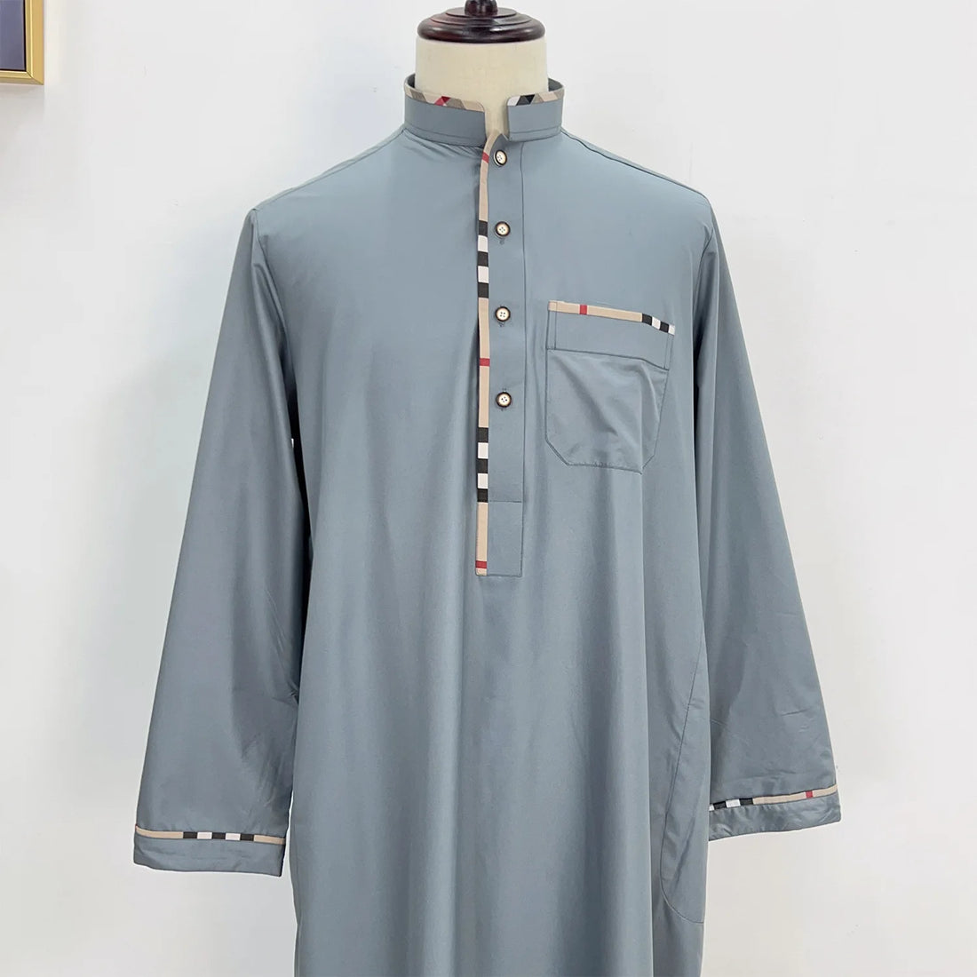 Men's Check-Trim Stand-Collar Thobe