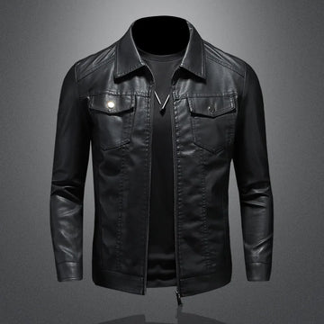 Men’s Black Faux Leather Zip-Up Jacket with Chest Pockets