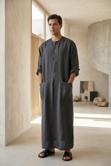 Men’s Button-Placket Thobe with Front Pockets