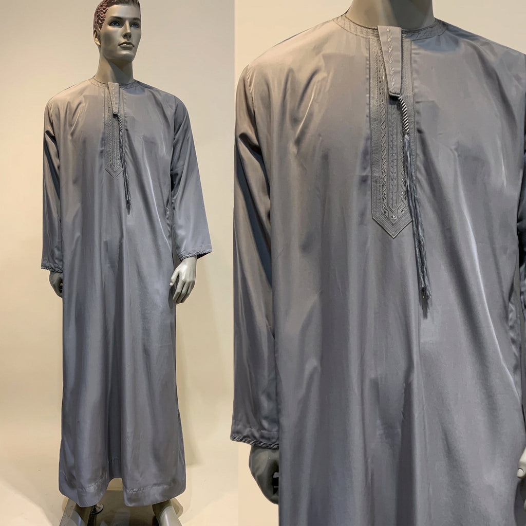 Men's Tassel-Neck Thobe with Decorative Trim