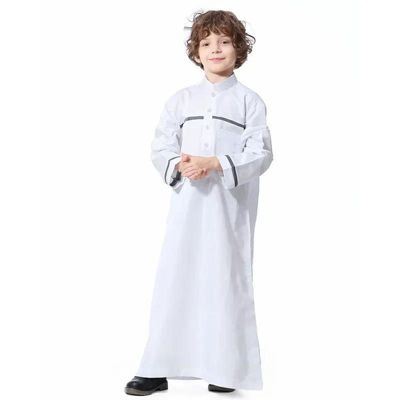 Boys’ Button-Placket Thobe with Contrast Chest & Cuff Trim