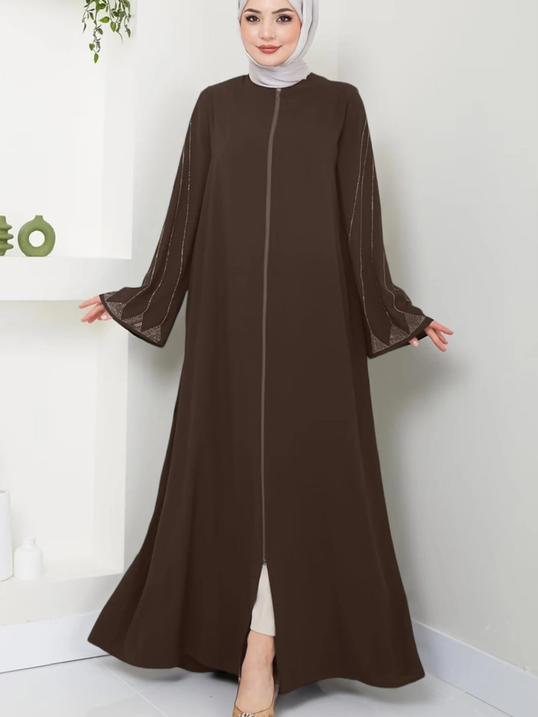 Brown Abaya with Embellished Flared Sleeves