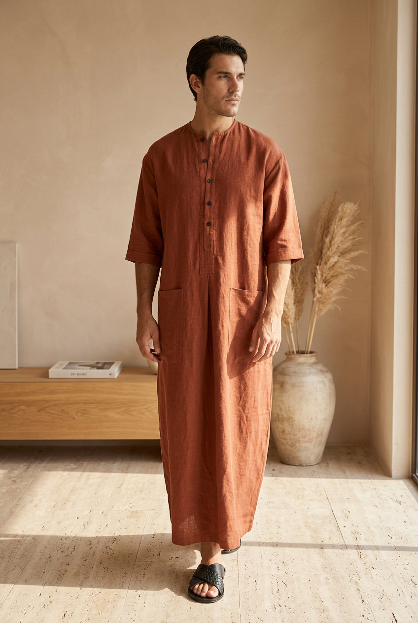 Men’s Button-Placket Thobe with Front Pockets