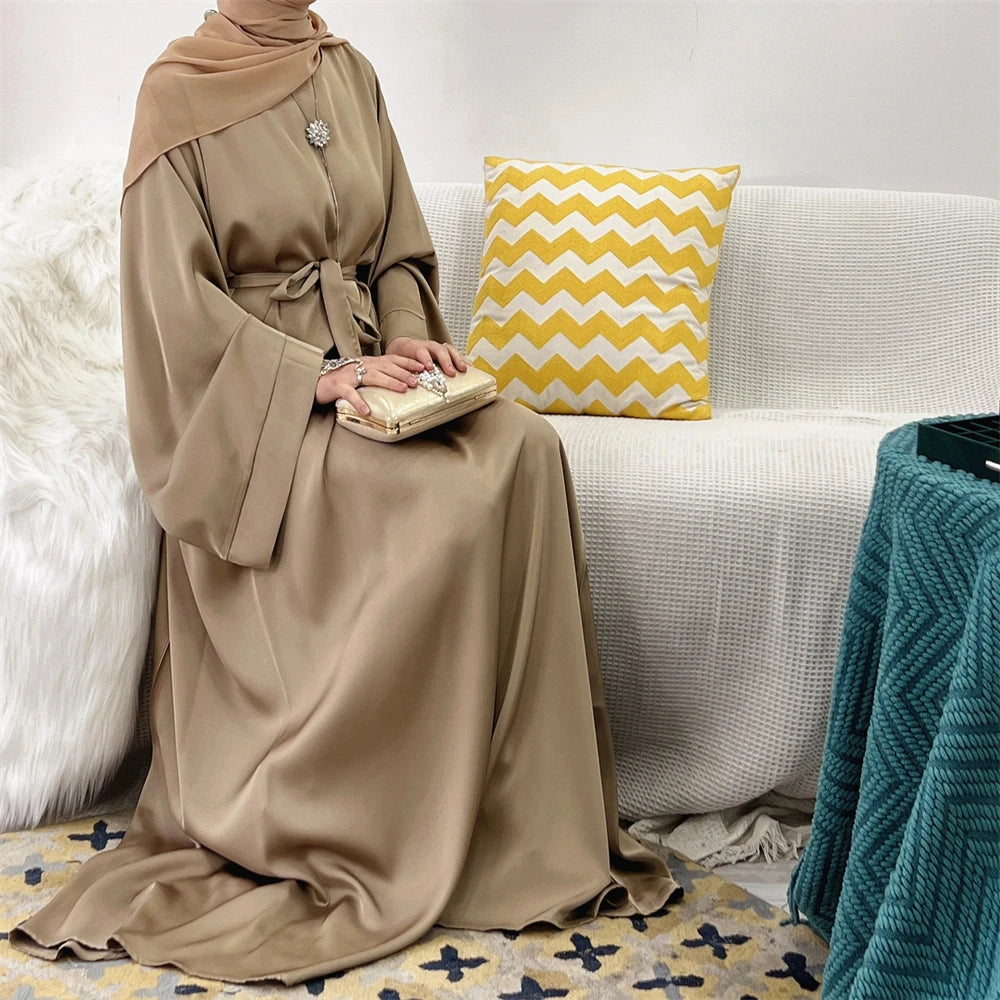 Satin-Finish Long-Sleeve Abaya Dress