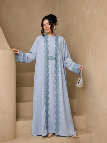Lace-Trim Open Abaya with Flared Sleeves