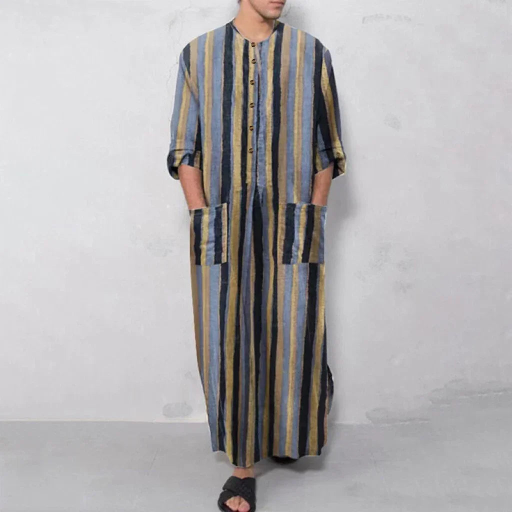 Men's Striped Thobe with Front Patch Pockets