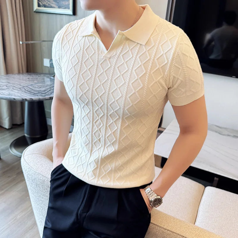 Men’s Diamond-Texture Short-Sleeve Knitted Polo