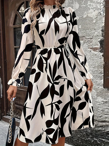 Women’s Black & White Leaf-Print Midi Dress