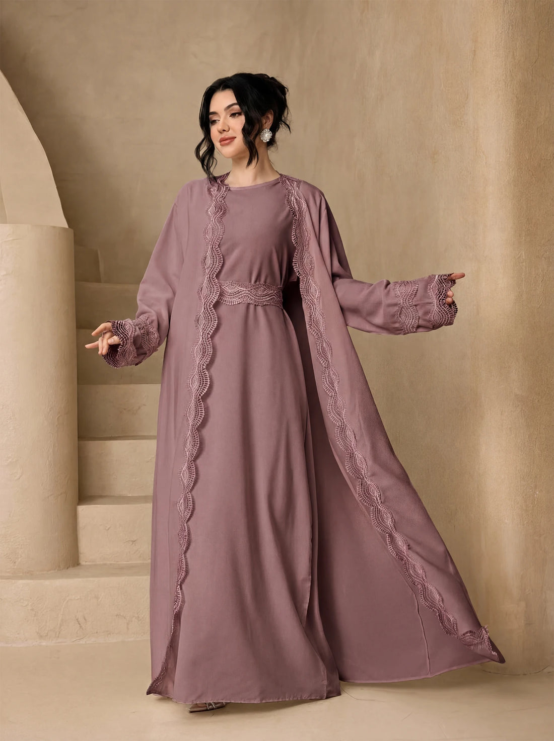 Lace-Trim Open Abaya with Flared Sleeves
