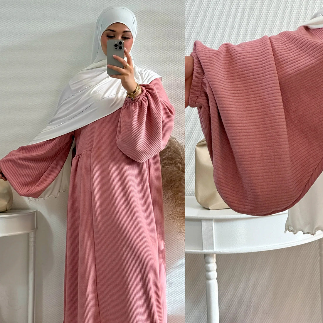 Textured Loose-Fit Abaya with Gathered Sleeves