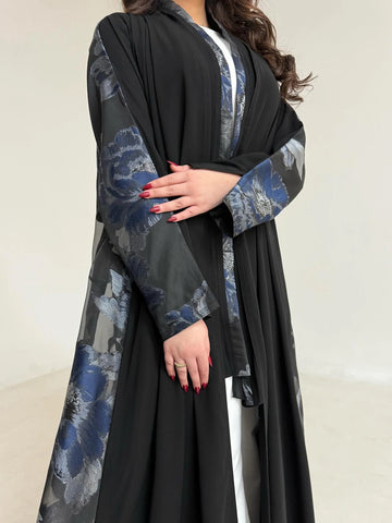 Black Floral Open Abaya