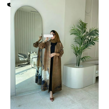Khaki Crane Print Open Abaya
