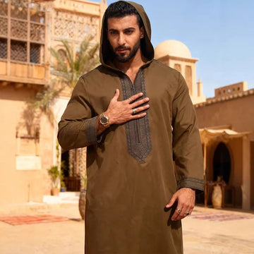Men's Brown Embroidered Hooded Thobe