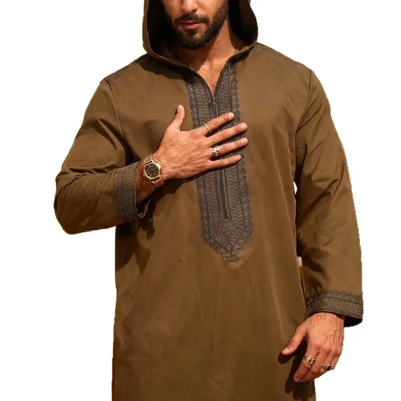 Men's Brown Embroidered Hooded Thobe