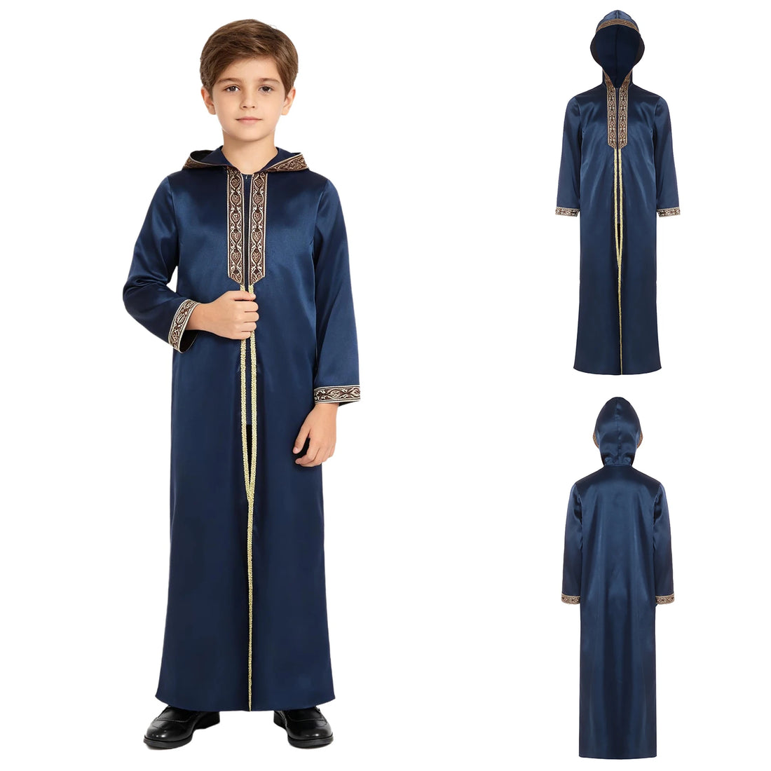 Boys’ Hooded Thobe with Gold-Tone Decorative Trim