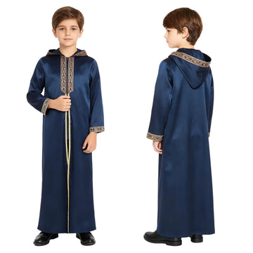 Boys’ Hooded Thobe with Gold-Tone Decorative Trim